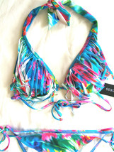 NWT Guess Designer Multi Watercolor Fringe Halter Bikini Sexy Swim Suit XS $148 - $53.40