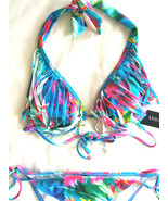 NWT Guess Designer Multi Watercolor Fringe Halter Bikini Sexy Swim Suit ... - £42.19 GBP