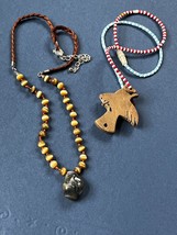 Lot of Tiny Red &amp; Turquoise Bead w Thick Carved Wood Bird &amp; Braided Brown Cord w - £8.88 GBP