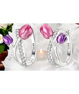 925 Sterling Silver Tulip Earrings – Pink &amp; Purple Flower Hoop Jewelry Gift - $15.83