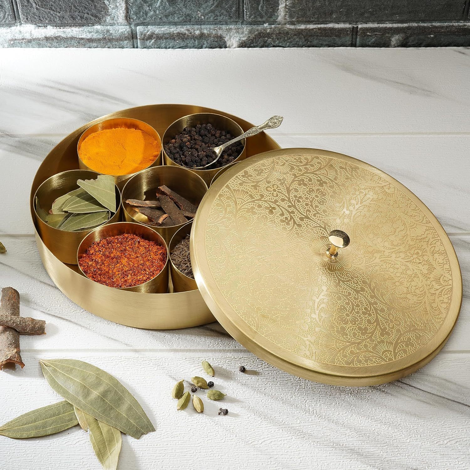 Handcrafted Brass Round Spice Box Golden With Embossed Lid - Beautiful Design 7