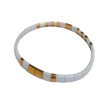 Gold plated tila miyuki flat beaded bracelet white,stacking bracelet,stretchy br - £16.75 GBP