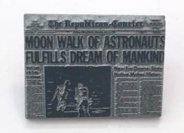 Vtg Pin Moon Walk Newspaper Front Page 1&quot;x 0.75&quot; Blue Rectangular &quot;Man o... - $20.00