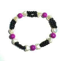 Black and Purple with Pearl Hearts Beaded Stretchy Bracelet - €5,10 EUR