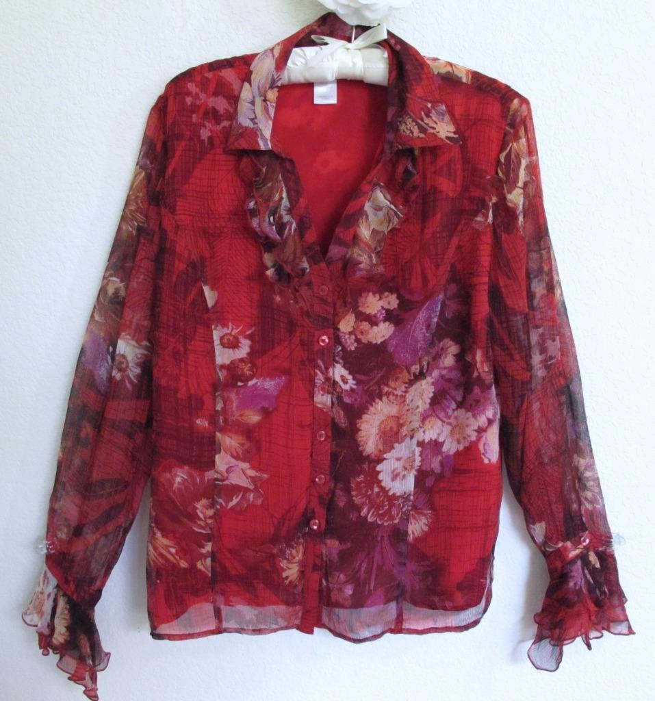 Primary image for Coldwater Creek Crinkle Chiffon Blouse M Ruffle Detail Red Autumn Floral Lined