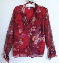 Coldwater Creek Crinkle Chiffon Blouse M Ruffle Detail Red Autumn Floral Lined - £17.32 GBP