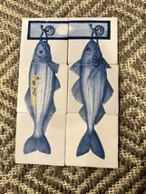 Vintage delft Style Tile Panel Mural Blue Fish Hanging On Hook 5x5” Tiles - $186.07