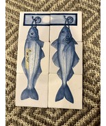 Vintage delft Style Tile Panel Mural Blue Fish Hanging On Hook 5x5” Tiles - £145.47 GBP