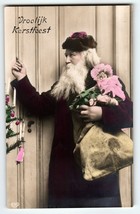 Santa Claus Holding Toy Doll Knocks On Door Christmas Postcard Old World Europe - £34.76 GBP
