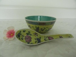 Antique Chinese Rice  Soup Bowl w/ Spoon Floral Oriental 1890 1919 RED CHINA BS - £70.02 GBP
