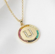 1.10Ct Multi Color Lab Created Diamond Letter &quot;U&quot; Pendant 14k Yellow Gold Plated - £112.44 GBP