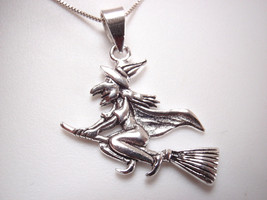 A Witch Whizzing by on Broom Going Places 925 Sterling Silver Pendant Halloween - £12.22 GBP