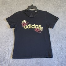 Adidas Shirt Womens Size Medium M Black Short Sleeve Tee  Gold Logo W/ Flowers - £8.14 GBP