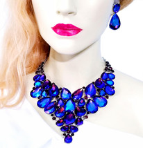 Rhinestone Necklace Earrings, Blue Crystal Jewelry, Pageant Bridal Prom Choker,  - £59.13 GBP