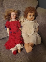 Antique Bisque? Doll Lot Of 2 Eyes Open Close Red Knitted Dress White Blonde - £30.72 GBP