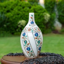 12&quot; White Marble Flower Inlay Coral Fine Inlay Flowers Pot Elegant Shape - £3,842.85 GBP