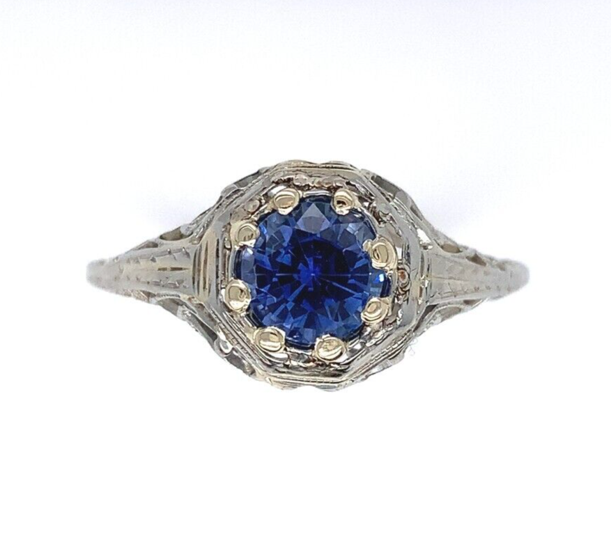 Primary image for 18k White Gold Filigree Ring with 1 Carat Blue Genuine Natural Sapphire (#J6461)
