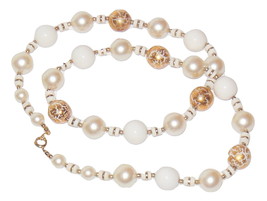 Long Vintage Japan Crackle Bead Disk Pearl White Gold Strand Necklace 27 Inches - £11.95 GBP