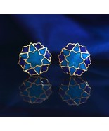 Green Blue Enamel 18K Gold Plated Round Shape Floral Enamel Cufflinks Me... - $742.54 MXN
