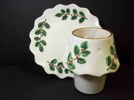 Christmas Holly footed candle plate &amp; lampshade votive holder JKL China - £5.41 GBP