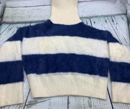 Striped Bell Sleeve Turtle Neck Sweater Medium Blue White Cropped - £30.37 GBP