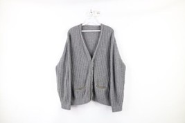 Vtg 60s Mens Large Wool Knit Leather Trim Kurt Cobain Pocket Cardigan Sweater - £88.81 GBP