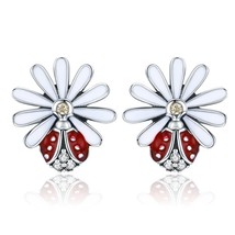 BAMOER Authentic 925 Silver Daisy Flower Red Stud Earrings for Women Fashion Ear - £15.41 GBP
