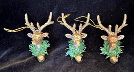 3 Vintage Plastic Reindeer Head Ornaments w Glittered Antlers &amp; Bells 3.... - $8.90