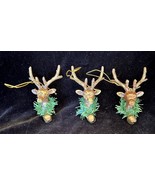 3 Vintage Plastic Reindeer Head Ornaments w Glittered Antlers &amp; Bells 3.... - $8.90