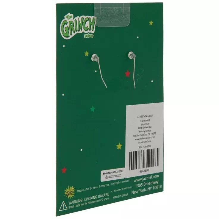 Dr. Seuss Glittery Grinch Face Earrings Item image 3
