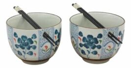 Japanese Design Ceramic Indigo Blossoms Ramen Noodles Bowl &amp; Chopsticks ... - $30.99