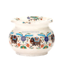 5&quot;x4.5&#39;&#39; White Marble Flower Pot Pietradura Inlay Elephant Marquetry Gifts H3591 - £284.36 GBP