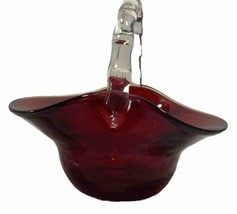 Ruby Glass Garden Basket with Clear Applied Ridged Handle Pontil Marks V... - $21.51