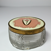 Art Deco Vanity Powder Jar Cloisonne Rose Guilloche Ribbed Glass Vintage  - $24.79