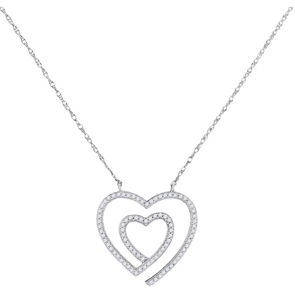 Primary image for 10k White Gold Womens Round Diamond Double Heart Love Pendant Necklace 1/5 Cttw