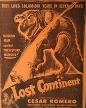 Lost Continent Dinosaur Monster Horror Movie Poster 1951 Cesar Romero Orange - £36.98 GBP