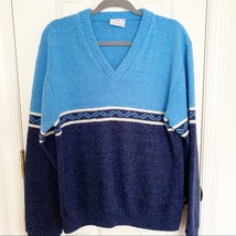 Vintage Blue V Neck Color Block Sweater XL Eclectic Grandpa - £28.25 GBP