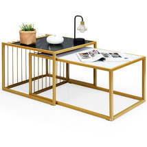 Modern Nesting Coffee Table Marble-Top Side Snack Table Set W/ Gold Metal Frame - £90.85 GBP