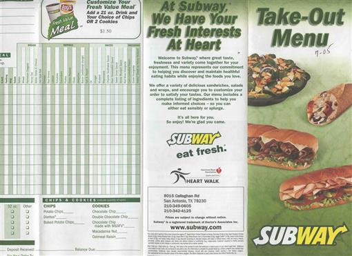 Subway Take Out Menu Customize Your Meal 2005 - Menus