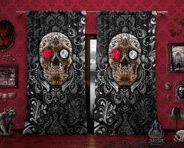 Gothic Sugar Skull Curtains, Dark Home Decor, Window Drapes, Sheer and Blackout, - £131.90 GBP