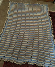 Handmade Crochet Afghan Blanket Throw 78&quot; x 54&quot; Blue, Brown, White, Ruffled Edge - £31.66 GBP