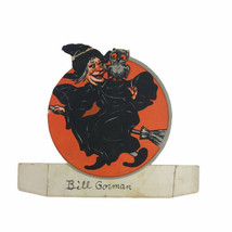 Halloween Place Card Vintage 1926 Witch On Broom Owl Orange Black Used At Party - £48.56 GBP