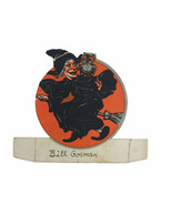 Halloween Place Card Vintage 1926 Witch On Broom Owl Orange Black Used A... - £47.99 GBP