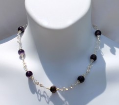 18 Inch Necklace  10mm Amethyst Round Beads Silvertone Wire Wrap Links E... - $18.80