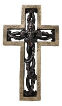 Rustic Faux Stone Fleur De Lis French Lily Scrollwork Tuscany Wall Cross - $23.99