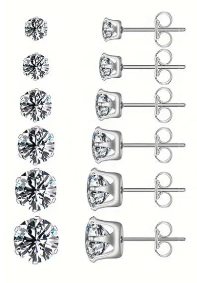 Primary image for 1 Pair Round Cubic Zirconia Silver Color Stud Earrings - Select Size 3mm/1/8in -