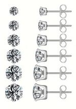 1 Pair Round Cubic Zirconia Silver Color Stud Earrings - Select Size 3mm/1/8in - - £7.86 GBP+