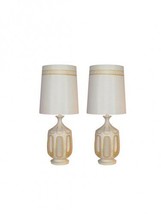 Mid-Century Yellow Ceramic Table Lamps with Original Shades-A Pair - £3,042.96 GBP