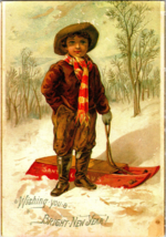 Vtg Postcard 1800s Christmas New Year Little Boy Snow Sled Reproduction PM 1973 - £5.56 GBP