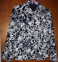 Laura Ashley Navy Blue &amp; White Abstract Floral Jacket Size Small Like New - $247.28 MXN